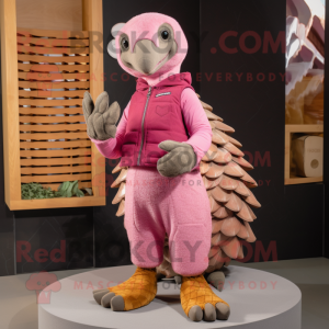 Pink Pangolin mascot costume character dressed with a Corduroy Pants and Anklets