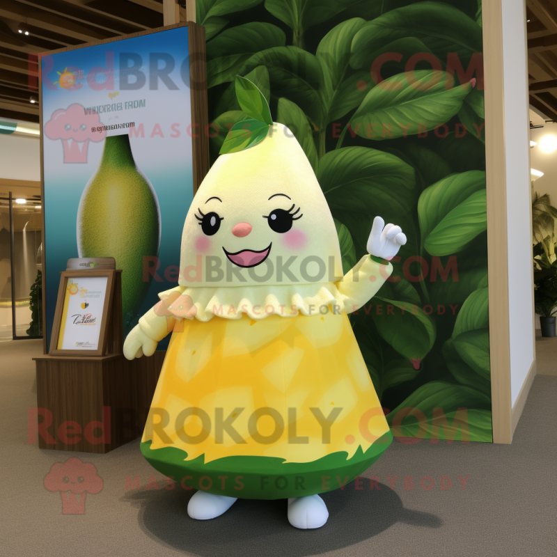 Cream Mango mascot costume character dressed with a A-Line Dress and Keychains Cream Mango mascot costume character dressed with a A-Line Dress and Keychains