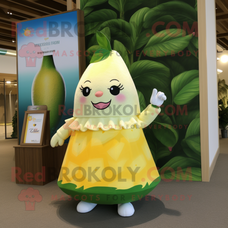 Cream Mango mascot costume character dressed with a A-Line Dress and Keychains