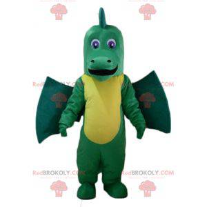 Mascota dragón verde y amarillo gigante e impresionante -
