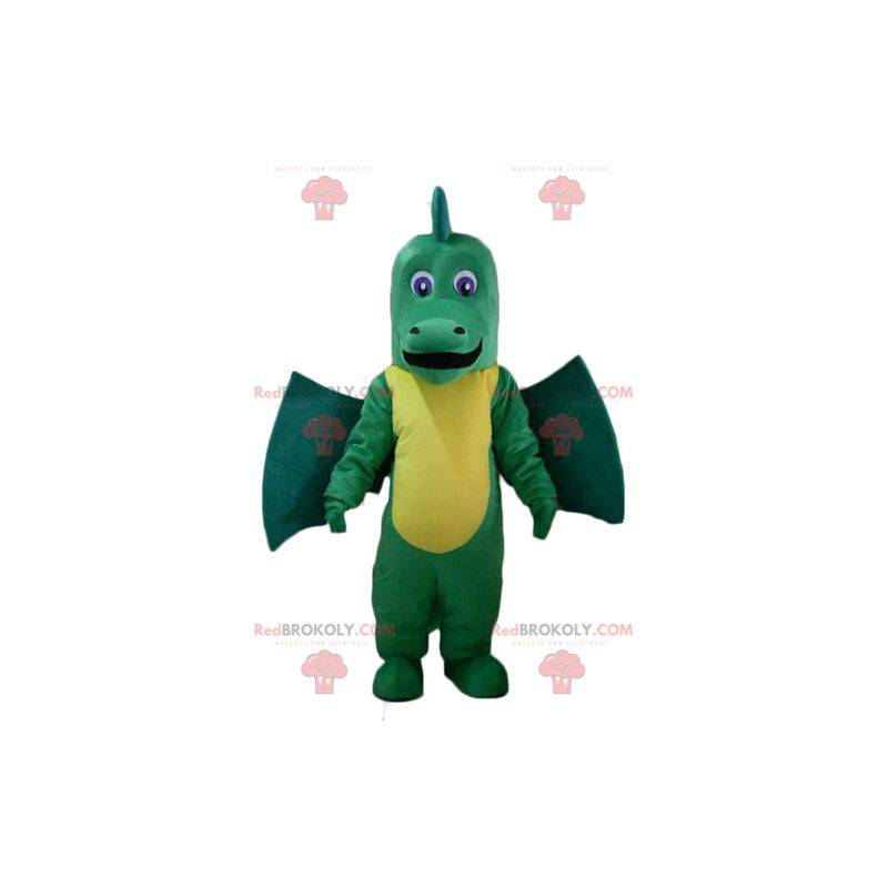Mascotte de dragon vert et jaune géant et impressionnant -
