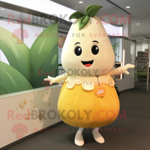 Cream Mango mascot costume character dressed with a A-Line Dress and Keychains