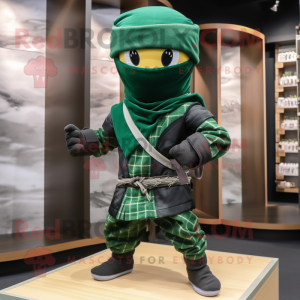 Forest Green Ninja mascot costume character dressed with a Flannel Shirt and Shawls