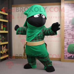 Forest Green Ninja mascot costume character dressed with a Flannel Shirt and Shawls