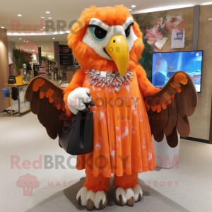 Orange Eagle mascot costume character dressed with a Maxi Dress and Messenger bags