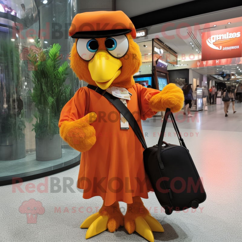 Orange Eagle mascot costume character dressed with a Maxi Dress and Messenger bags