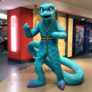 Turquoise Python mascot costume character dressed with a Leggings and Belts