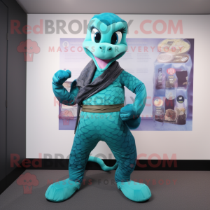 Turquoise Python mascot costume character dressed with a Leggings and Belts