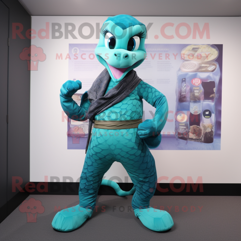 Turquoise Python mascot costume character dressed with a Leggings and Belts Turquoise Python mascot costume character dressed with a Leggings and Belts