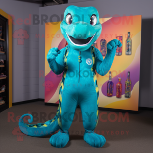 Turquoise Python mascot costume character dressed with a Leggings and Belts