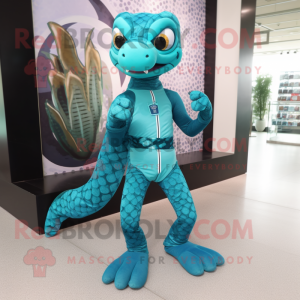 Turquoise Python mascot costume character dressed with a Leggings and Belts