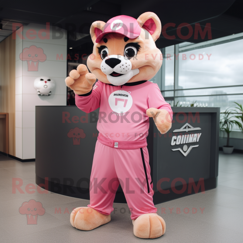 Pink Puma mascot costume character dressed with a Chinos and Rings