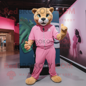 Pink Puma mascot costume character dressed with a Chinos and Rings