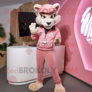 Pink Puma mascot costume character dressed with a Chinos and Rings
