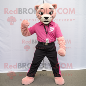 Pink Puma mascot costume character dressed with a Chinos and Rings