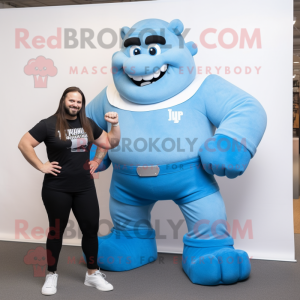 Sky Blue Strongman mascot costume character dressed with a Mom Jeans and Brooches