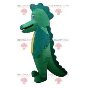 Mascota dragón verde y amarillo gigante e impresionante -