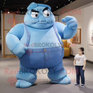 Sky Blue Strongman mascot costume character dressed with a Mom Jeans and Brooches