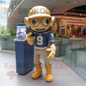 Gold American Football Helmet mascot costume character dressed with a Denim Shorts and Coin purses