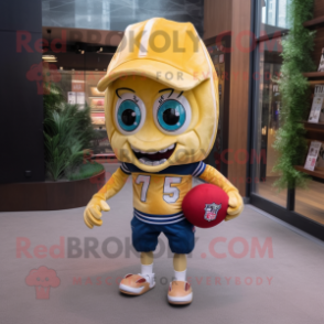 Gold American Football Helmet mascot costume character dressed with a Denim Shorts and Coin purses