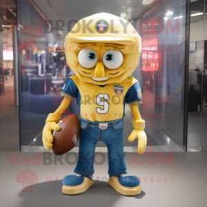 Gold American Football Helmet mascot costume character dressed with a Denim Shorts and Coin purses