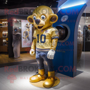 Gold American Football Helmet mascot costume character dressed with a Denim Shorts and Coin purses