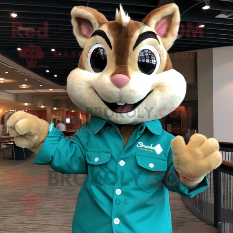 Teal Chipmunk mascot costume character dressed with a Button-Up Shirt and Cufflinks