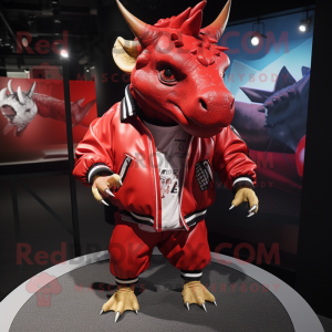 Red Triceratops mascot costume character dressed with a Bomber Jacket and Cufflinks