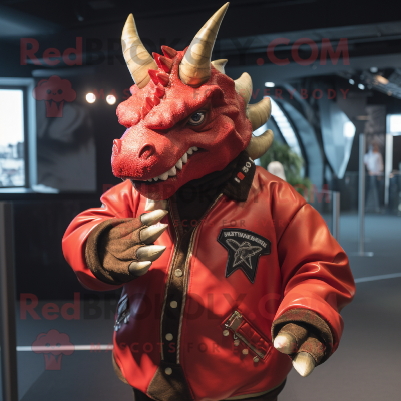 Red Triceratops mascot costume character dressed with a Bomber Jacket and Cufflinks