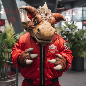 Red Triceratops mascot costume character dressed with a Bomber Jacket and Cufflinks