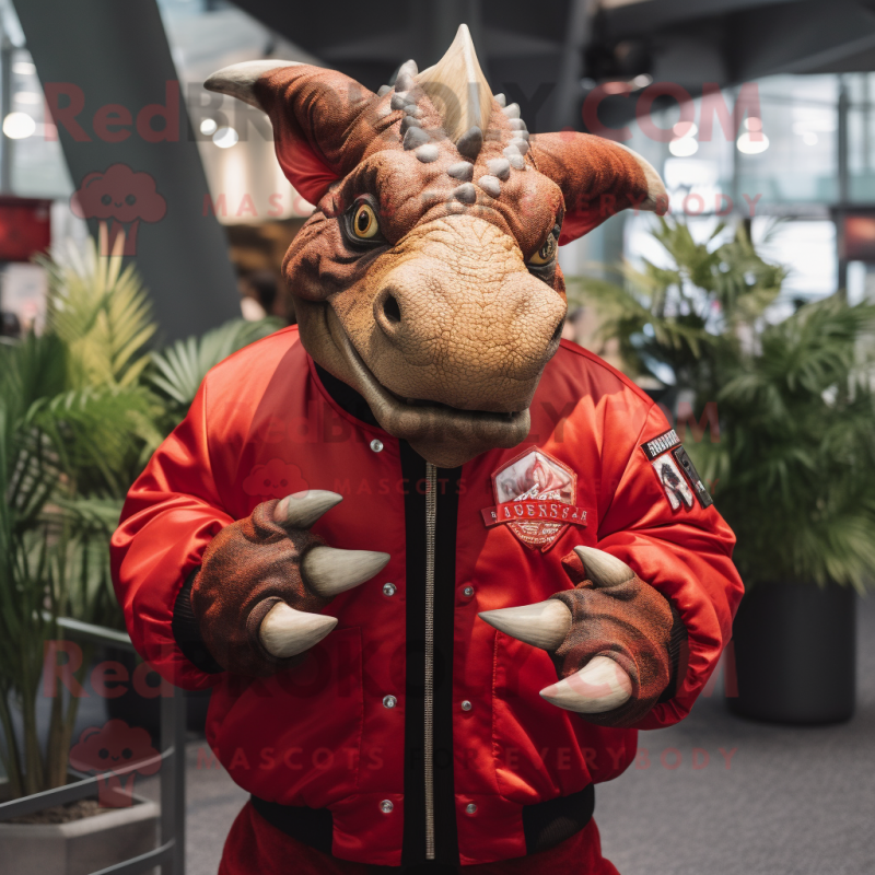 Red Triceratops mascot costume character dressed with a Bomber Jacket and Cufflinks