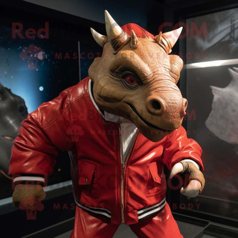 Red Triceratops mascot costume character dressed with a Bomber Jacket and Cufflinks Red Triceratops mascot costume character dressed with a Bomber Jacket and Cufflinks