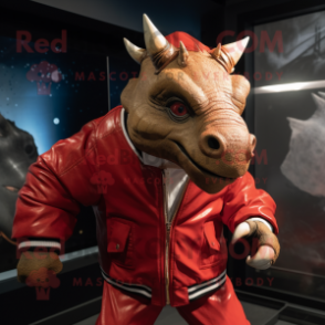 Red Triceratops mascot costume character dressed with a Bomber Jacket and Cufflinks