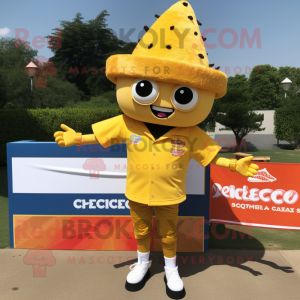 Gold Enchiladas mascot costume character dressed with a Polo Tee and Shoe clips
