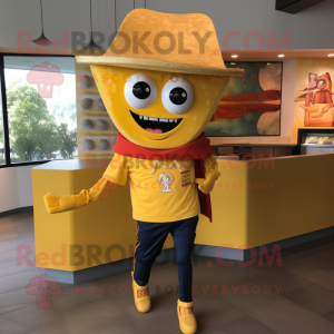 Gold Enchiladas mascot costume character dressed with a Polo Tee and Shoe clips