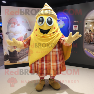 Gold Pepper mascot costume character dressed with a Flannel Shirt and Shawls