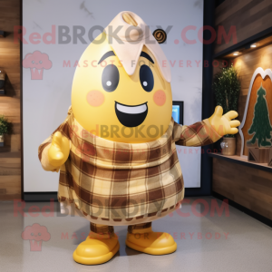 Gold Pepper mascot costume character dressed with a Flannel Shirt and Shawls