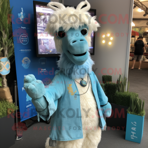 Sky Blue Llama mascot costume character dressed with a Cover-up and Earrings