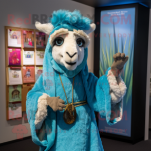 Sky Blue Llama mascot costume character dressed with a Cover-up and Earrings