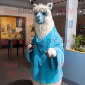 Sky Blue Llama mascot costume character dressed with a Cover-up and Earrings