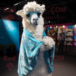 Sky Blue Llama mascot costume character dressed with a Cover-up and Earrings