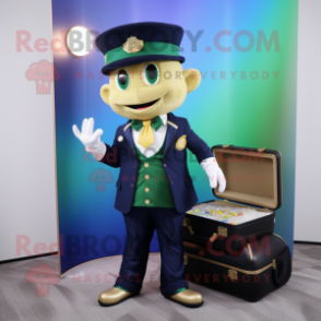 Navy Pot Of Gold mascot costume character dressed with a Blazer and Briefcases
