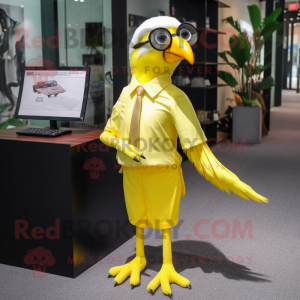 Lemon Yellow Parrot mascot costume character dressed with a Sheath Dress and Eyeglasses
