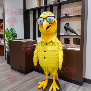 Lemon Yellow Parrot mascot costume character dressed with a Sheath Dress and Eyeglasses