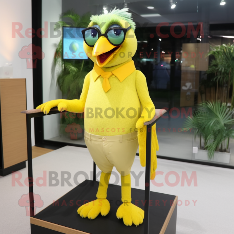 Lemon Yellow Parrot mascot costume character dressed with a Sheath Dress and Eyeglasses