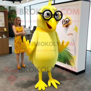 Lemon Yellow Parrot mascot costume character dressed with a Sheath Dress and Eyeglasses