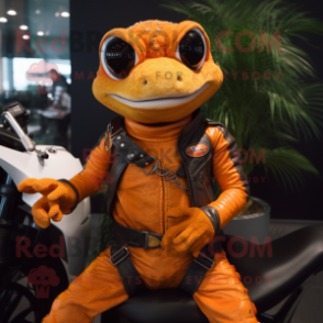 Orange Geckos mascot costume character dressed with a Biker Jacket and Gloves
