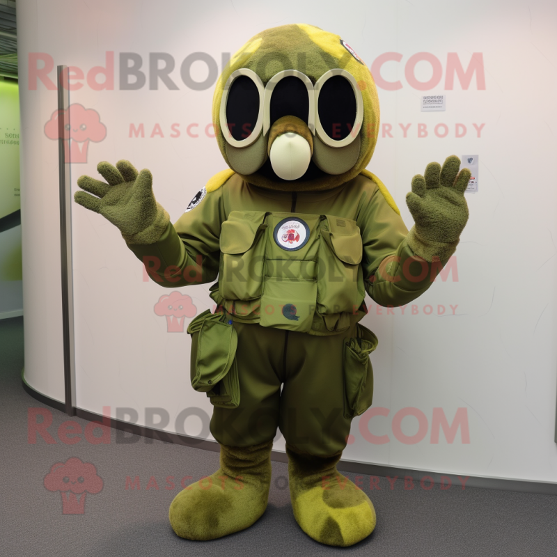 Olive Special Air Service mascot costume character dressed with a Circle Skirt and Mittens