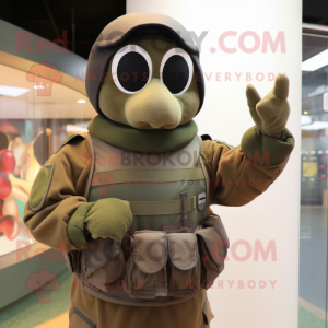 Olive Special Air Service mascot costume character dressed with a Circle Skirt and Mittens