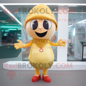 Gold Apricot mascot costume character dressed with a V-Neck Tee and Caps